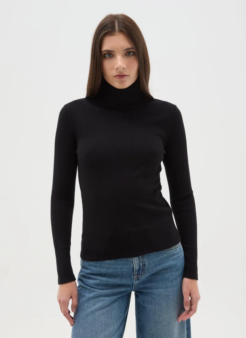 او في اس OVS Black Striped Crew Neck Long Sleeve Regular Fit Top
